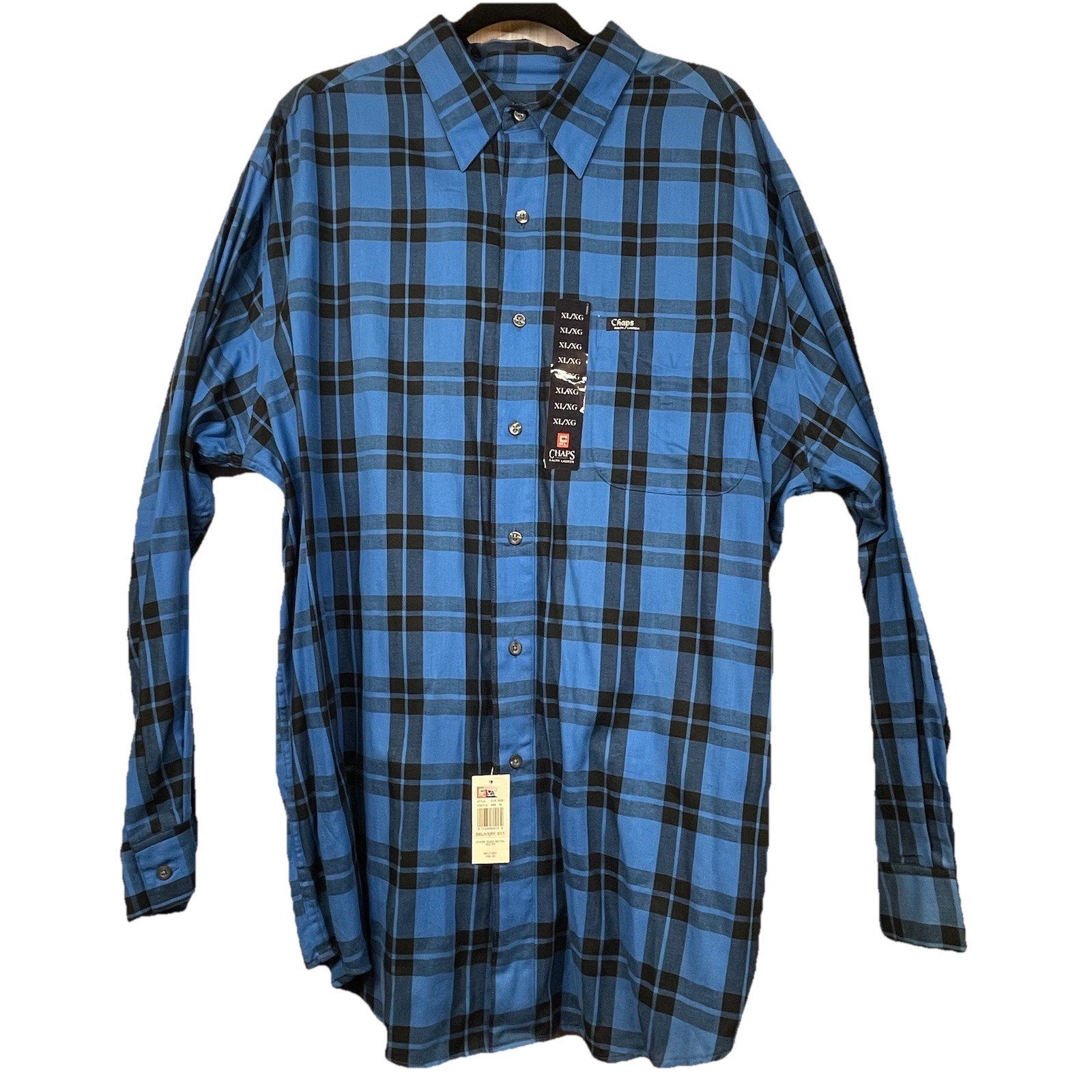 Chaps Ralph Lauren Plaid Shirt Blue Flannel Tartan Cotton Button Up XL
