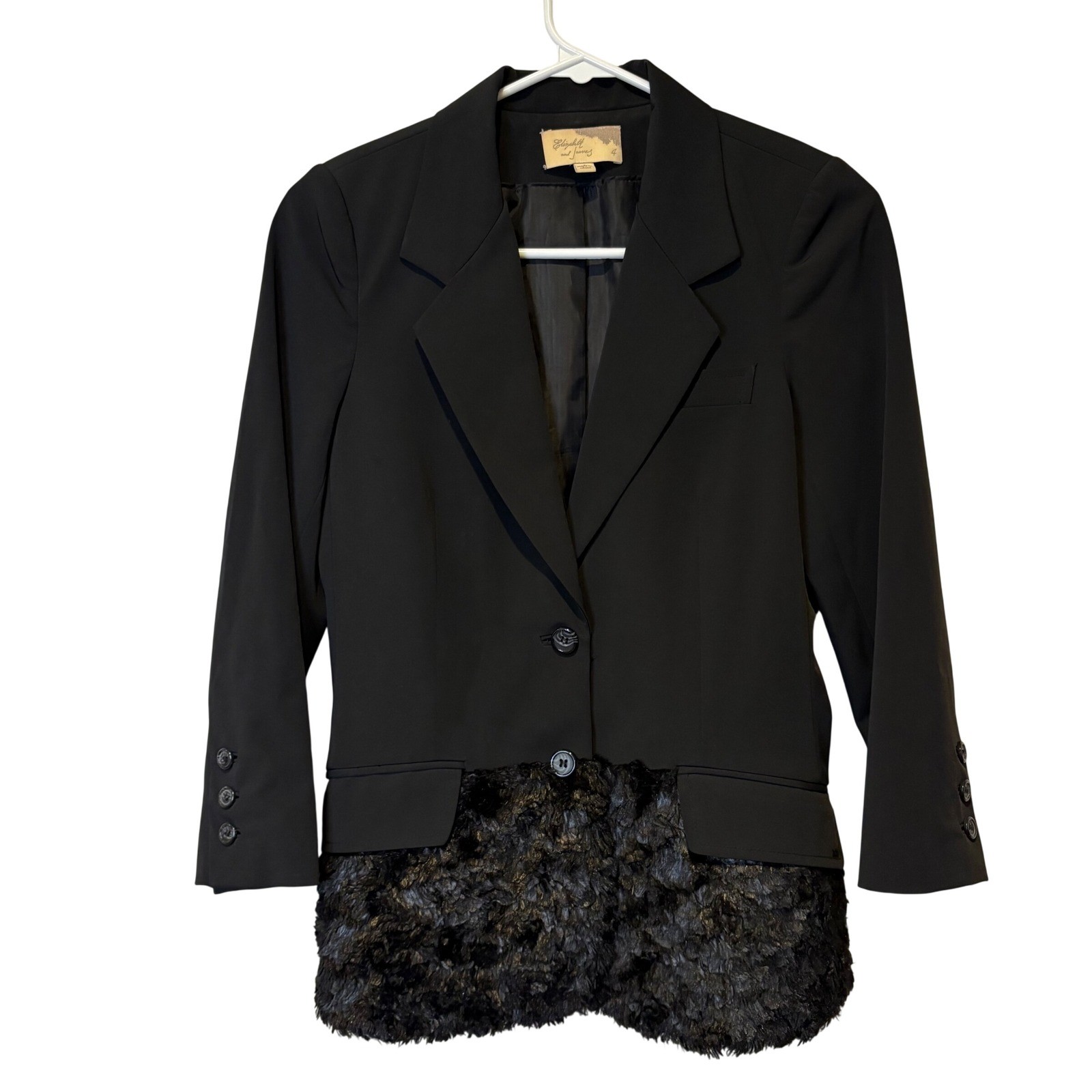 Elizabeth and James Black Faux Fur Trim Blazer Jacket Size 4 Y2K