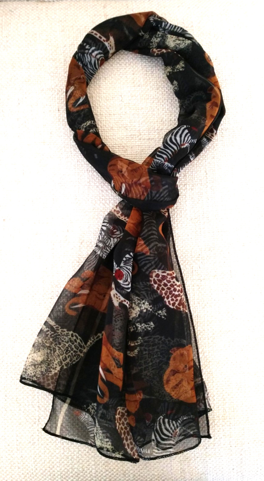 Long African Elephant Zebra Giraffe Leopard Scarf Black 20 x 64 inches