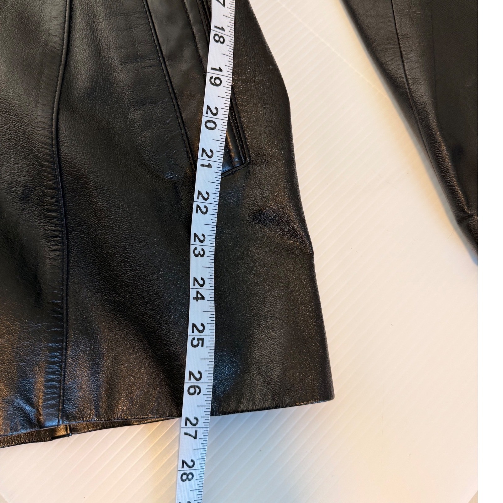 GIANT Black Leather Jacket Belted Collar Button Front Size M