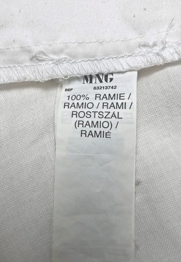 MNG Basics Womens Shirt XS White 100% Ramie Button Up Roll Tab Sleeve Drawstring