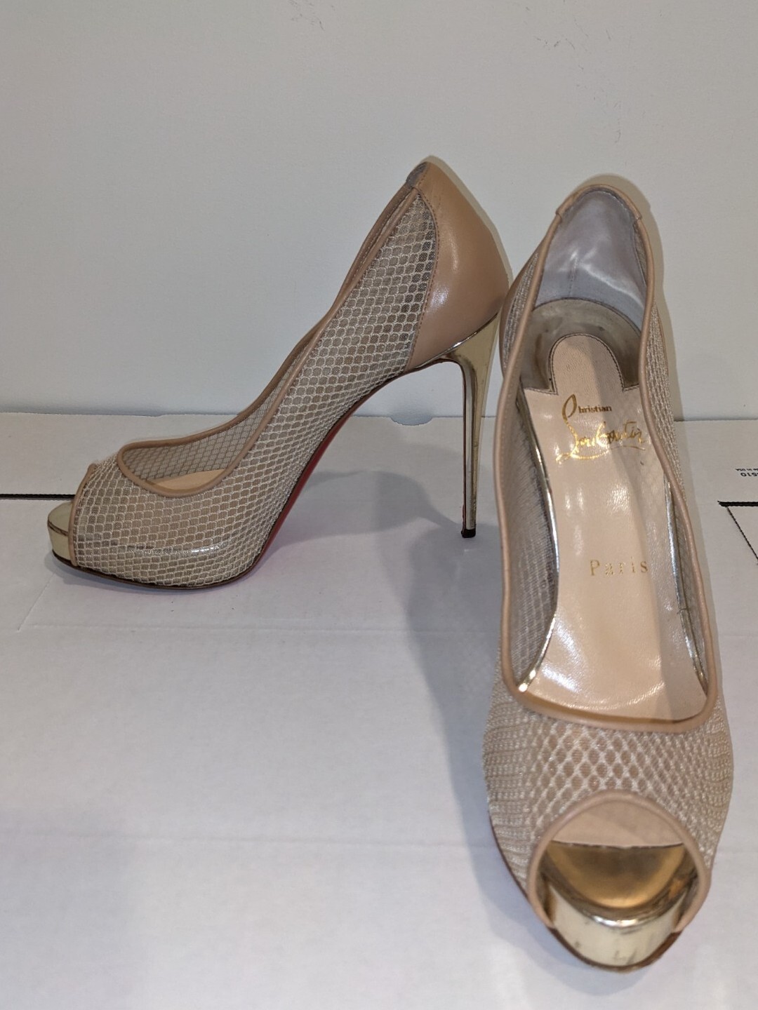 Christian Louboutin 37.5 Nude Very Rete 115mm Red Sole Mesh Fishnet Pumps
