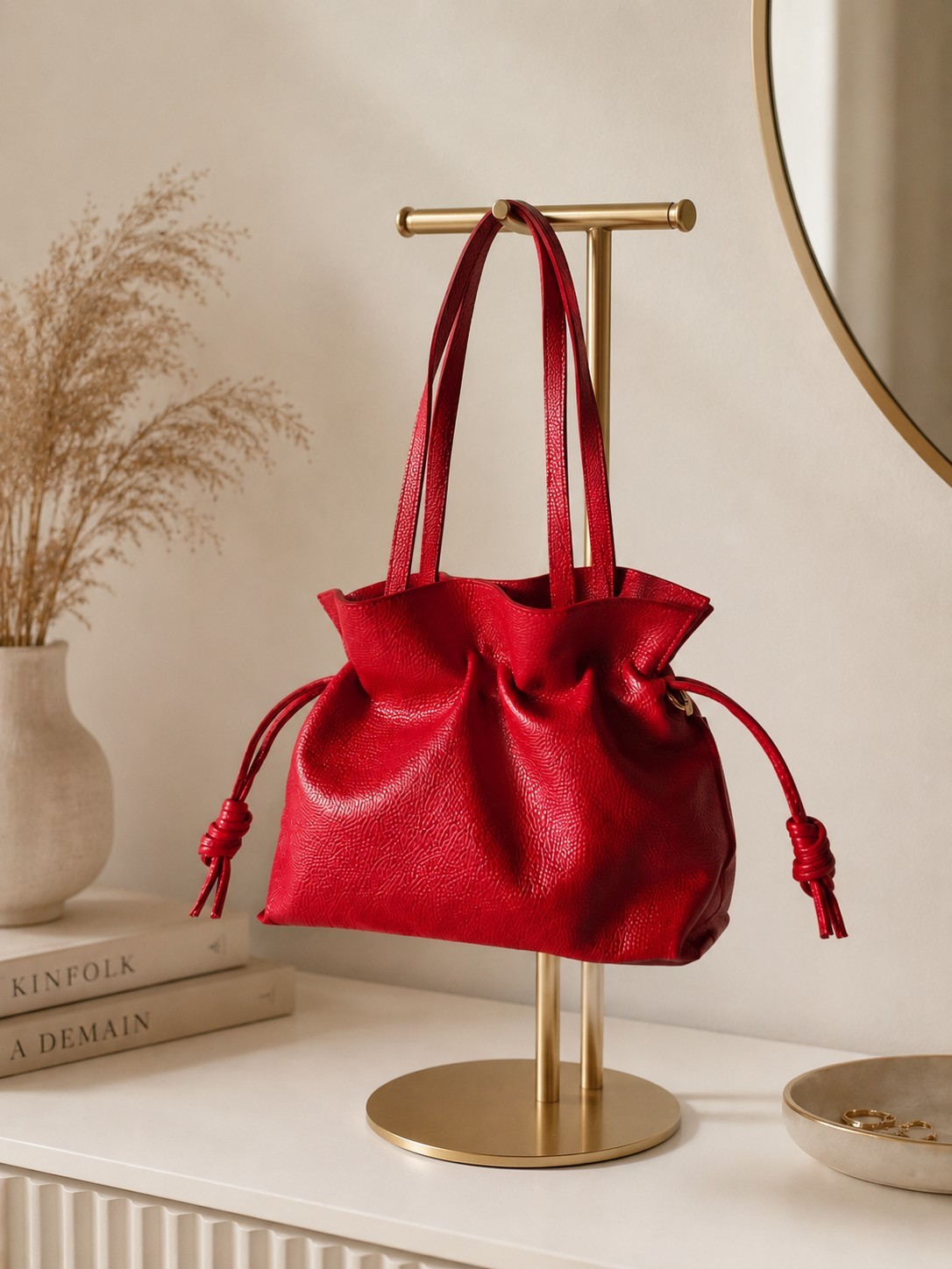 Red Italian Leather Bucket Bag, Soft Pebbled Leather Crossbody Bag
