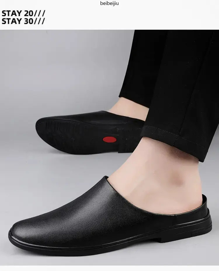 Men’s Flats Half Slippers Leather Casual Shoes Slip On Slides Mules Comfort Hot
