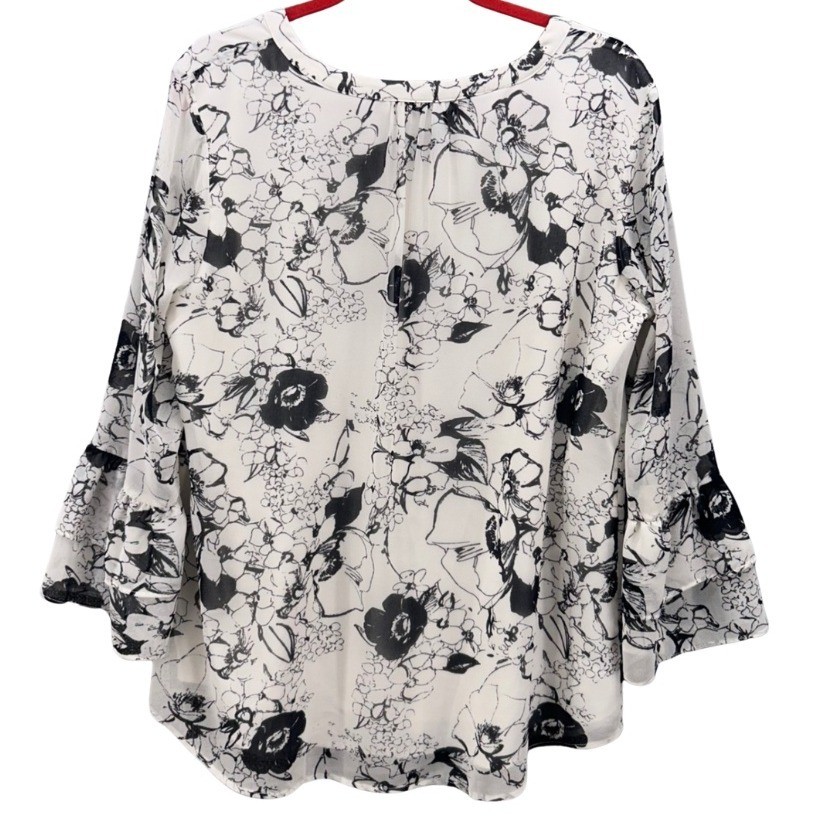 Talbots Womens Blouse Size X Fairy Flowy Boho Black Cream Sheer Bell Sleeve