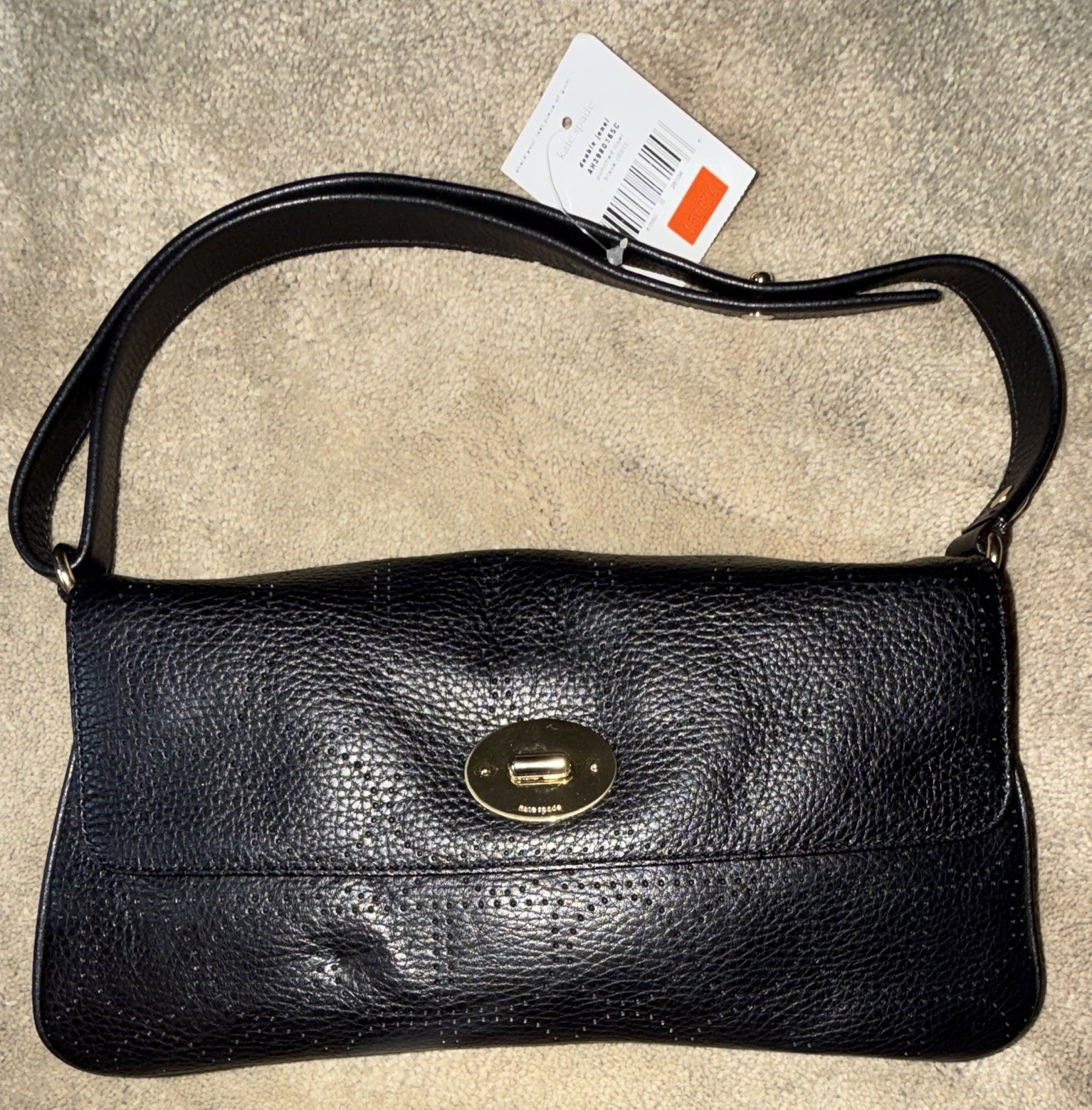 kate spade new york Small Black Pebbled Shoulder Bag Turn Lock Zip, Gold HW