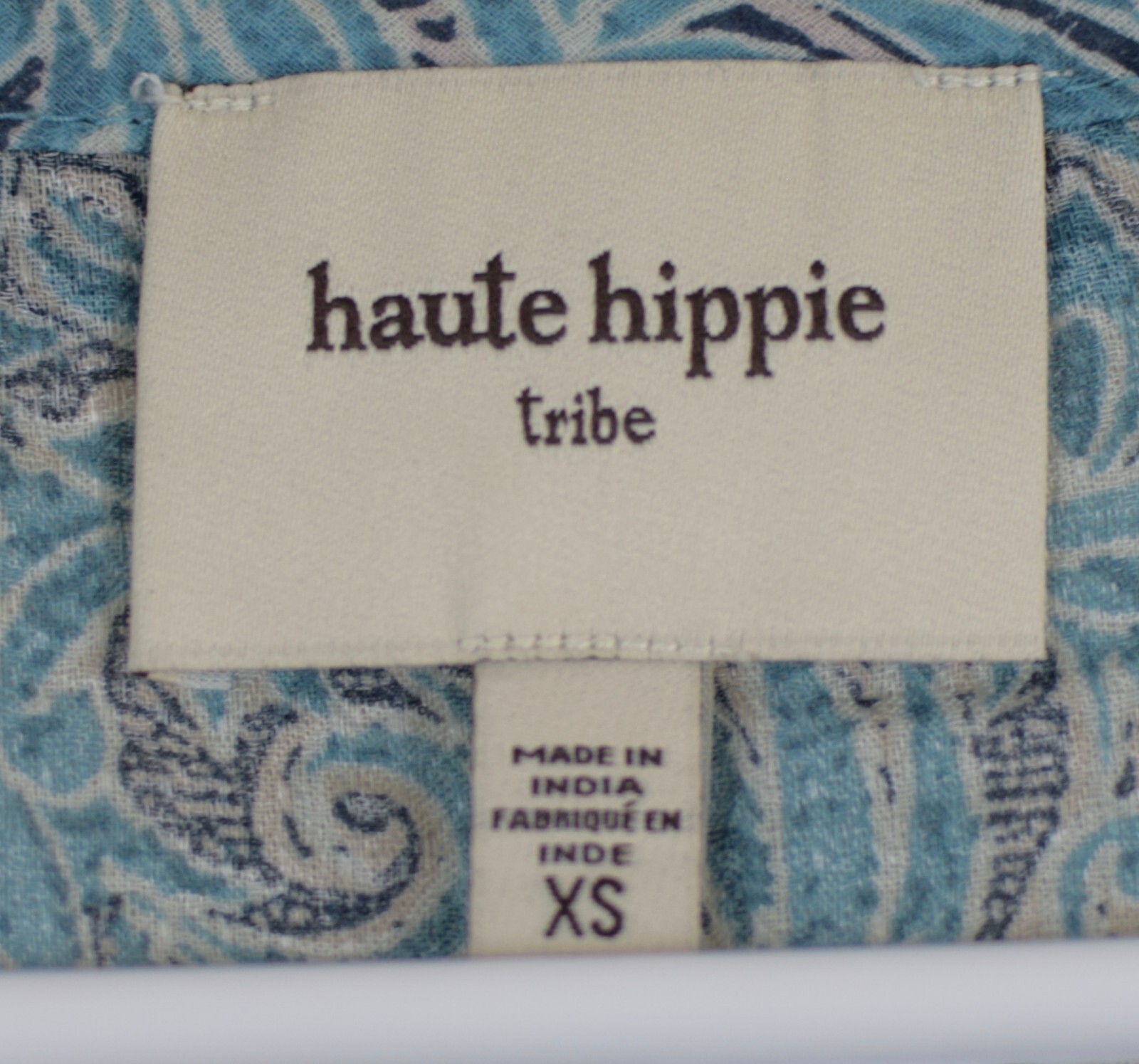 Haute Hippie Tribe Avery Peasant Blouse Tie Neck Detail Pasley Blue Size XS