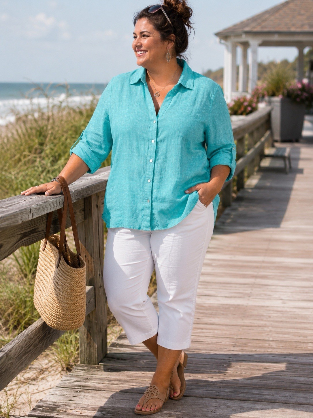 Sigrid Olsen Womans 100% Linen Button Up Shirt Aqua Blue Plus Size 2X READ