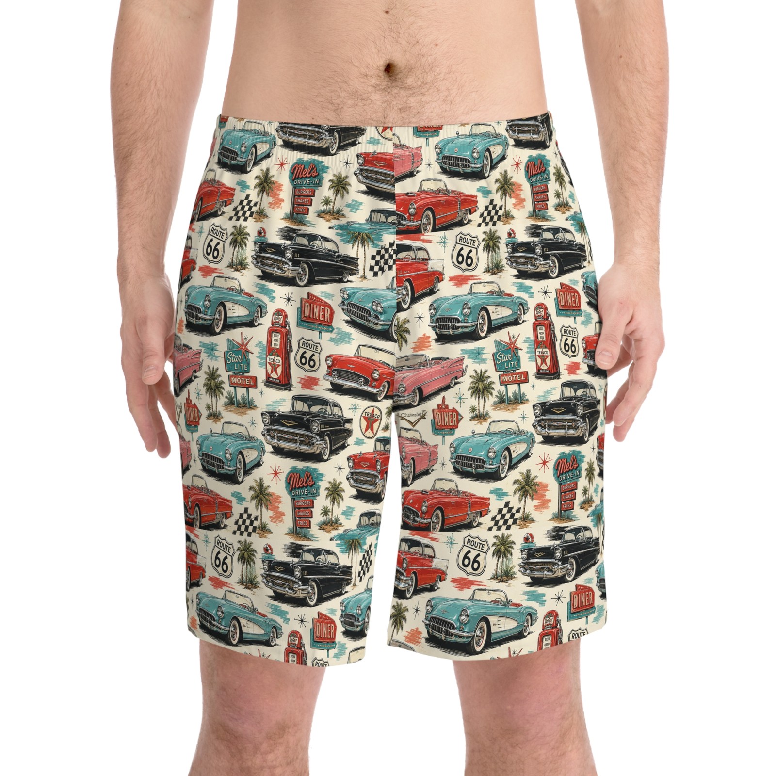 Retro Classic 1950-1960s Cars Beach Shorts | Vintage US Highway Car Print