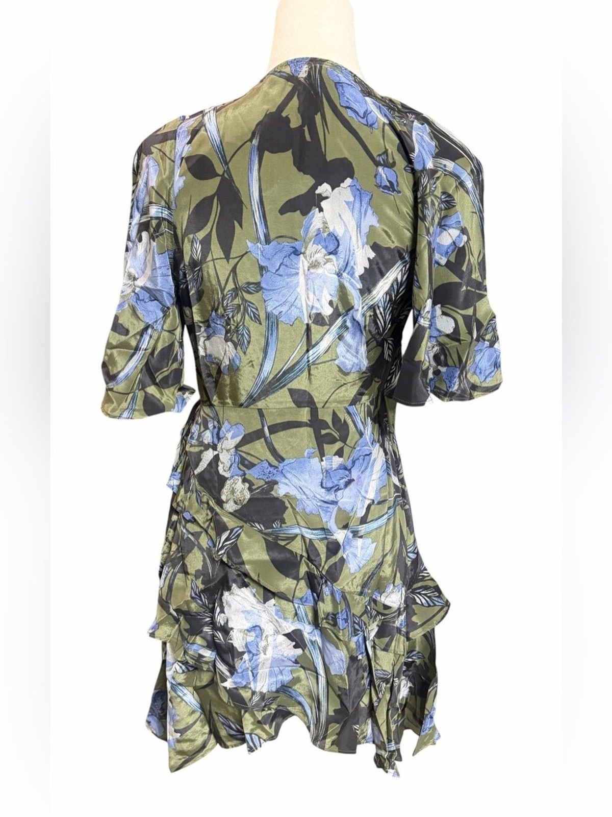 AllSaints Olive and Blue Floral High-Low Wrap Dress 100% Viscose