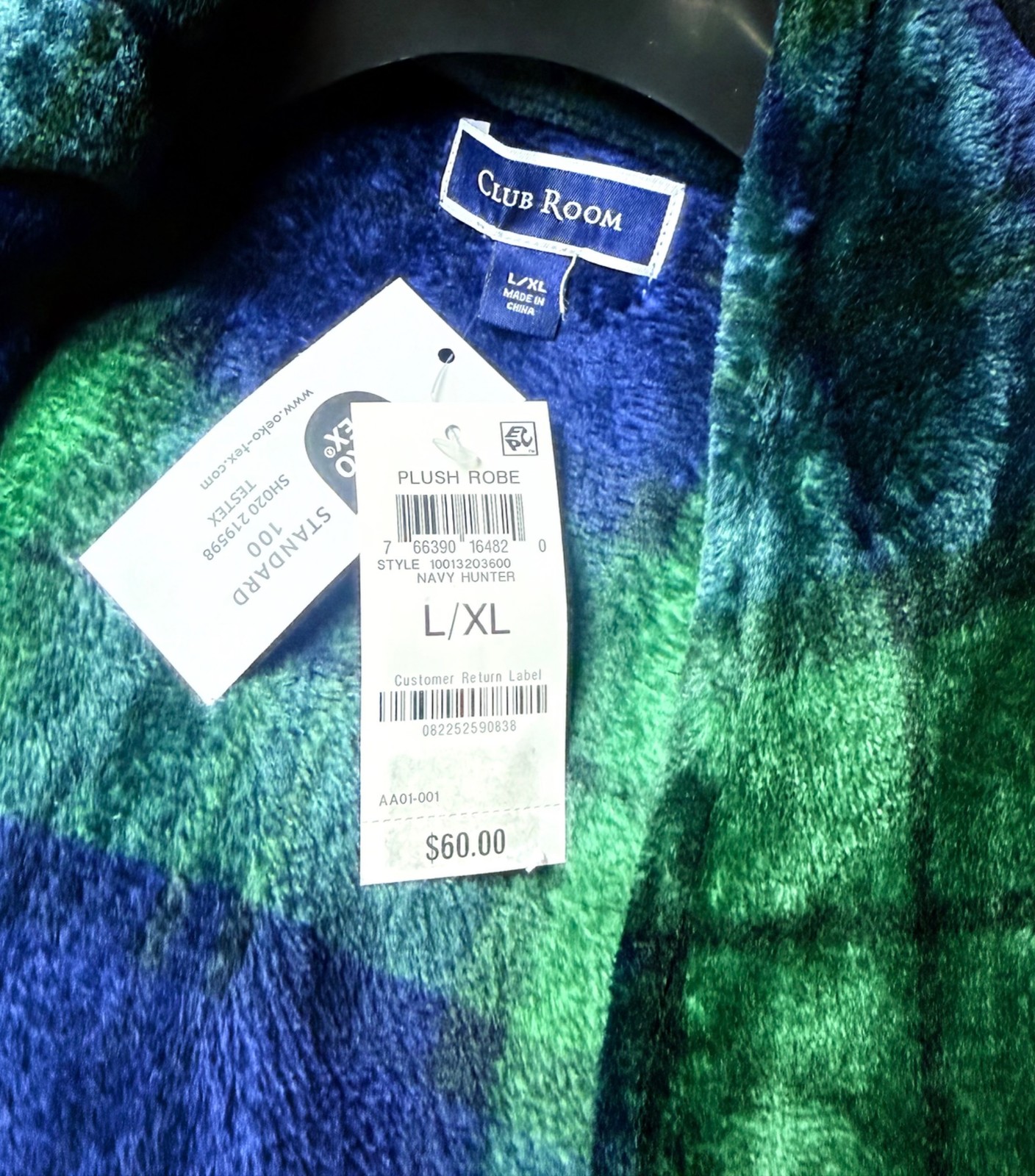 Club Room Plaid Plush Fleece Robe L/XL Navy Hunter Green Cozy Loungewear New