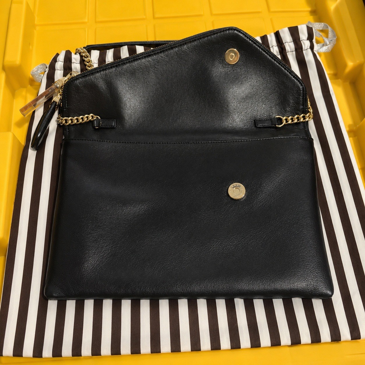 Henri Bendel Black Vintage Vegan Leather Envelope Clutch Crossbody Bag Gold