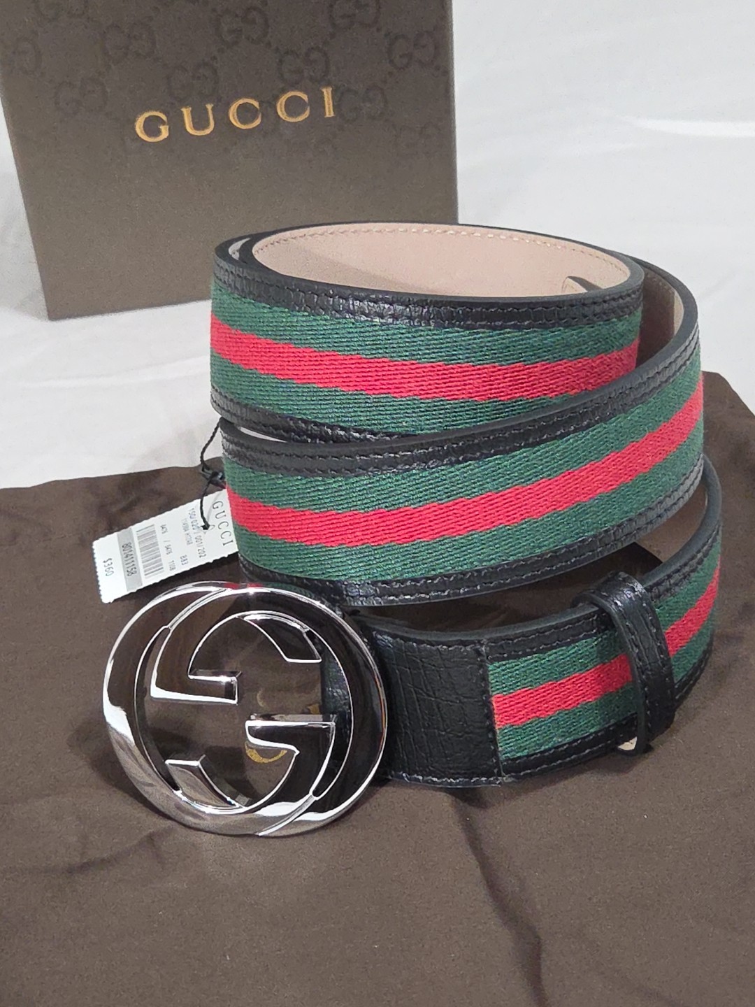 Gucci Black Green Red Striped Belt Size 38-40 IT 110CM Silver Buckle