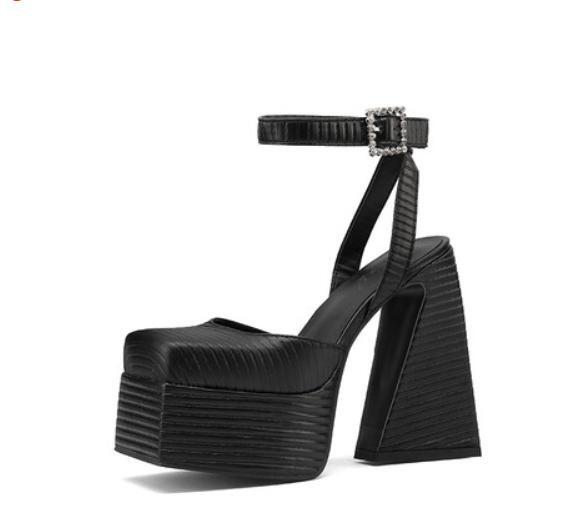 Women’s Faux Leather Sandals Chunky Heel Shoes Platform Square Toe Formal Retro