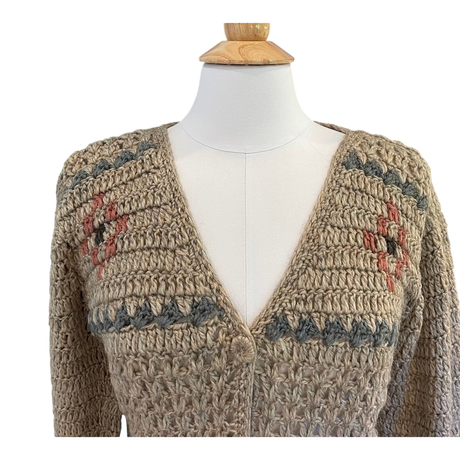 Vintage Lord & Taylor Tan Wool Blend Open Knit Crochet Cardigan, Floral, Size L