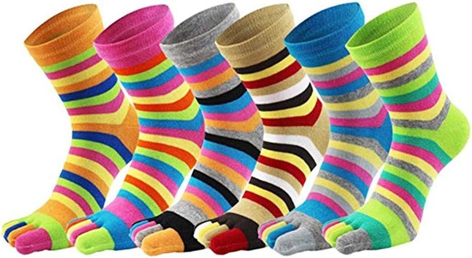 5 Pairs Women Five Finger Toe Socks Crew Sport Colors Causal Rainbow Striped 5-9