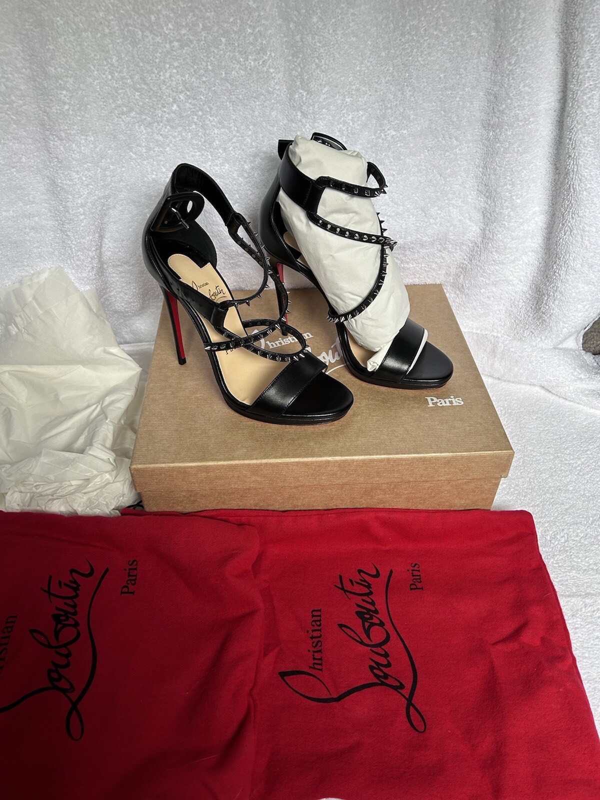 Christian Louboutin Choca Lux 120mm Sandals Black Leather 36 NIB Authentic