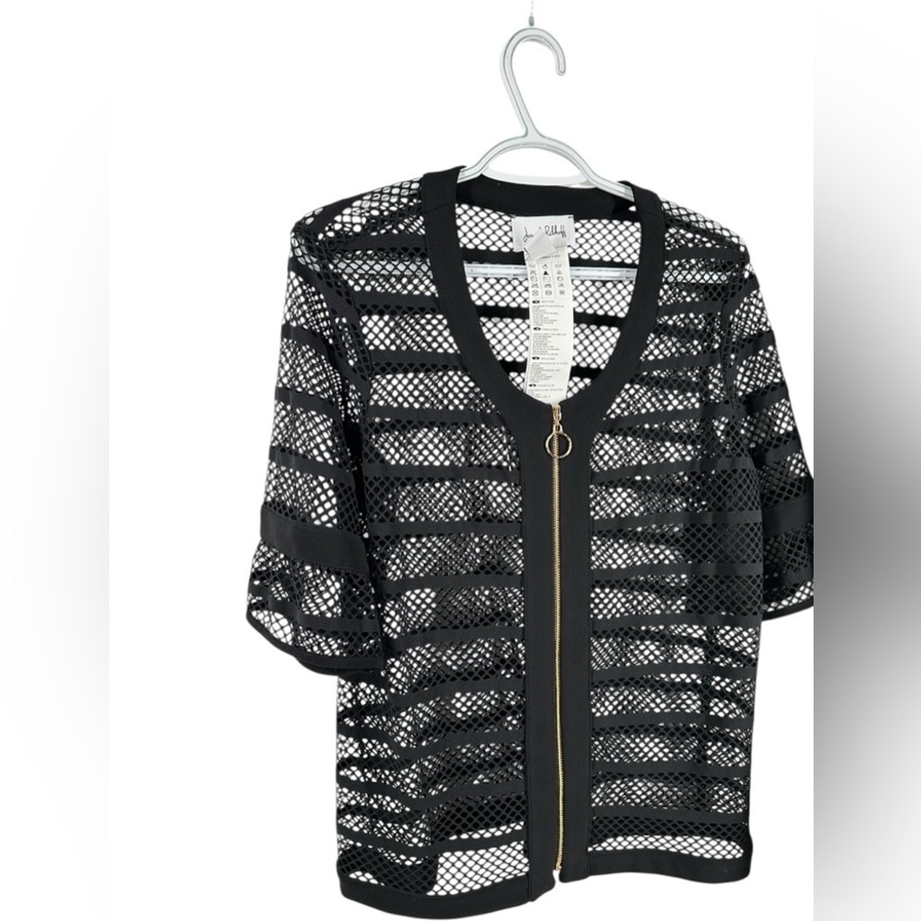 Joseph Ribkoff Mesh jacket short sleeve zip detail gold zip up elegant sz 10 NWT
