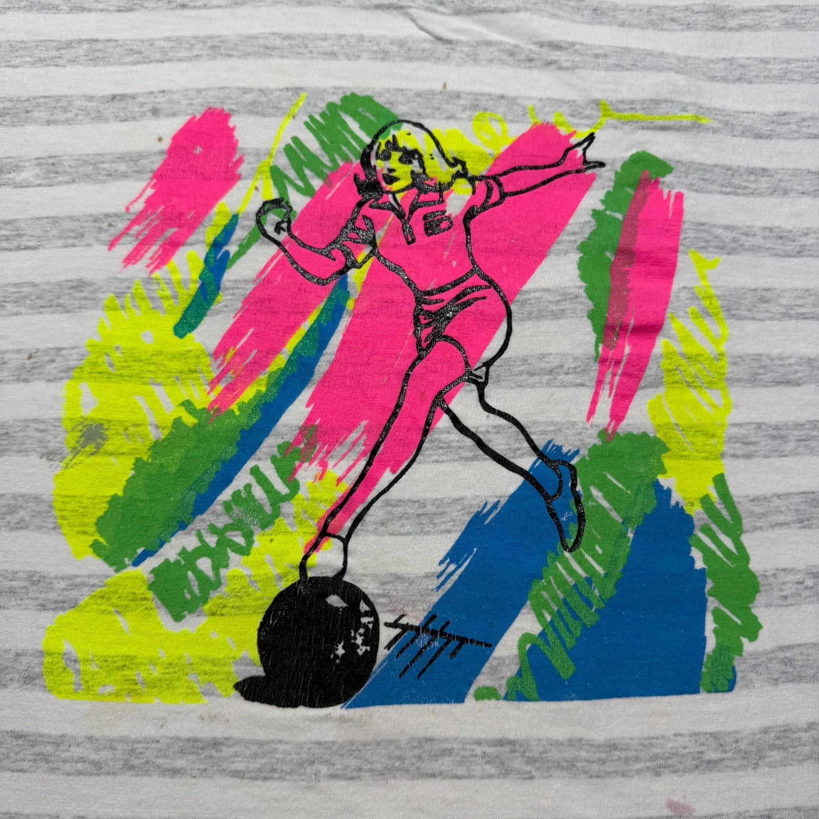 Vintage 80s Bowling Female Hager Graphics Athletic Sports Striped T-Shirt Large