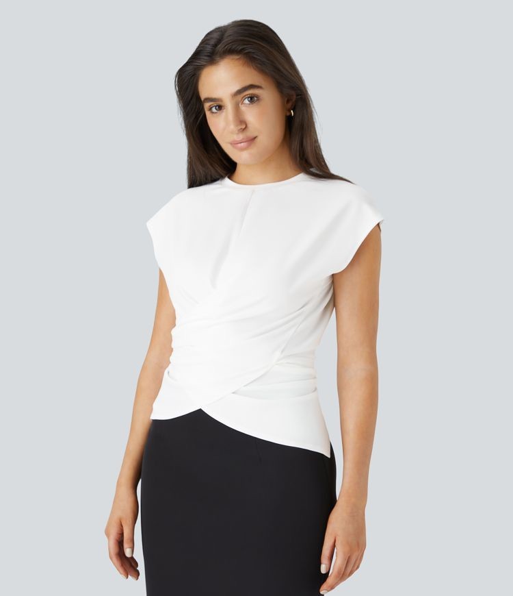 Halara White Athleisure Top Cap Sleeves Crossover Hem BNWT Large