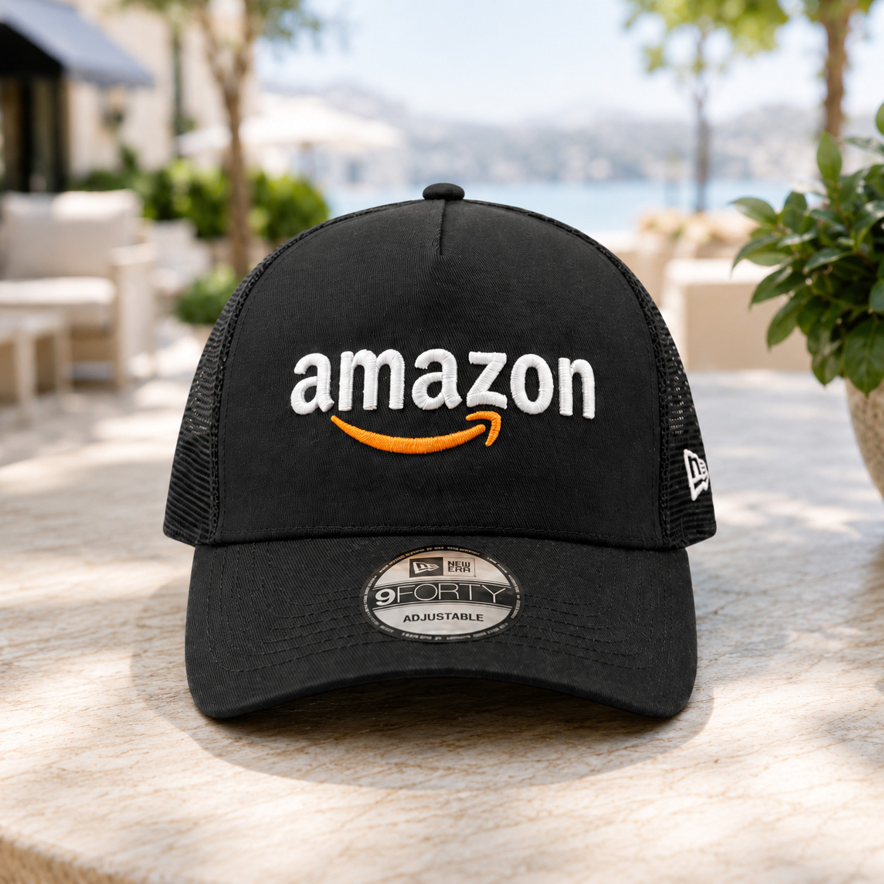 Amazon Logo Embroidered Trucker Hat Black Mesh Back Snapback Cap