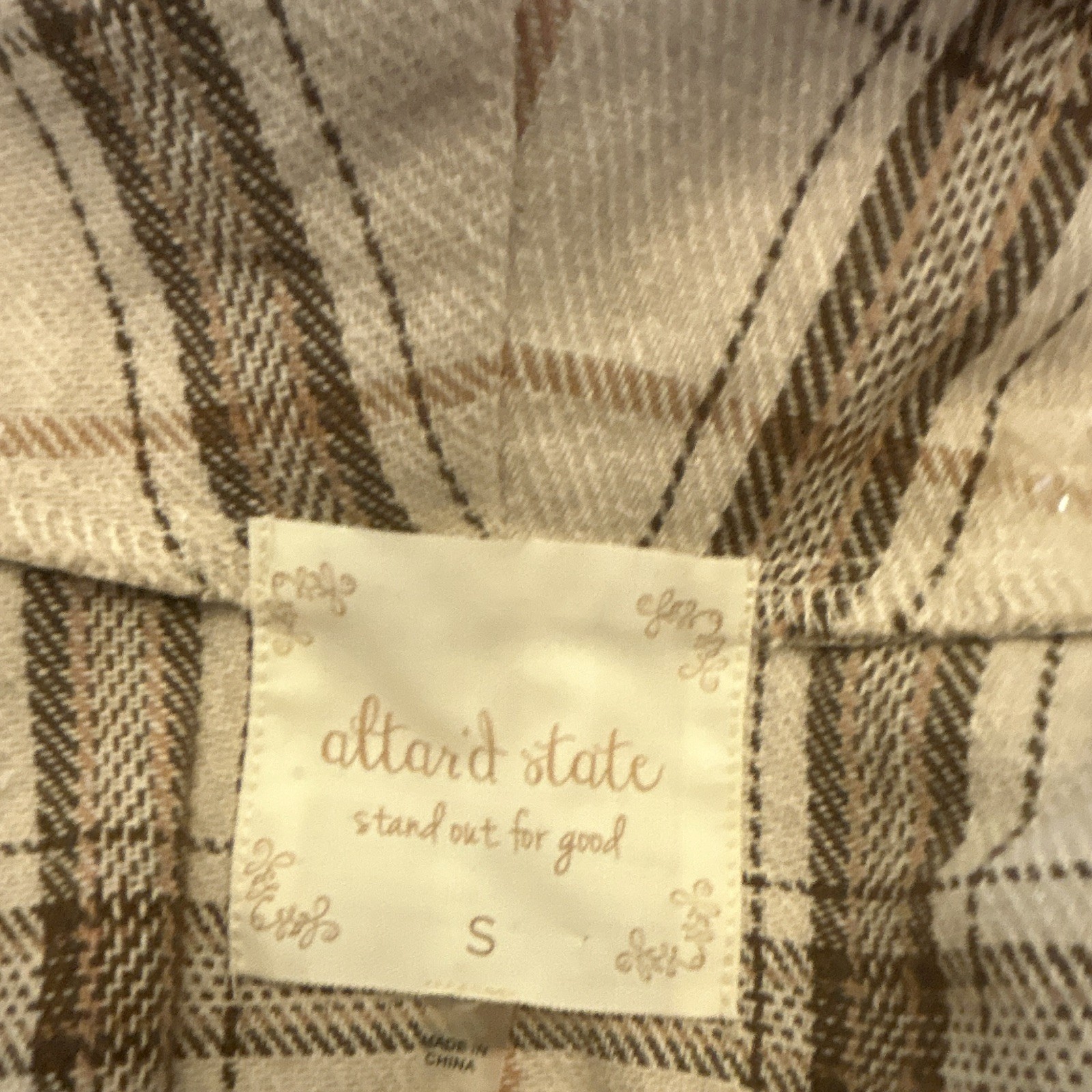 Altard State Women’s Plaid Shawl/Wrap Beige Brown White Trim Hand Wash