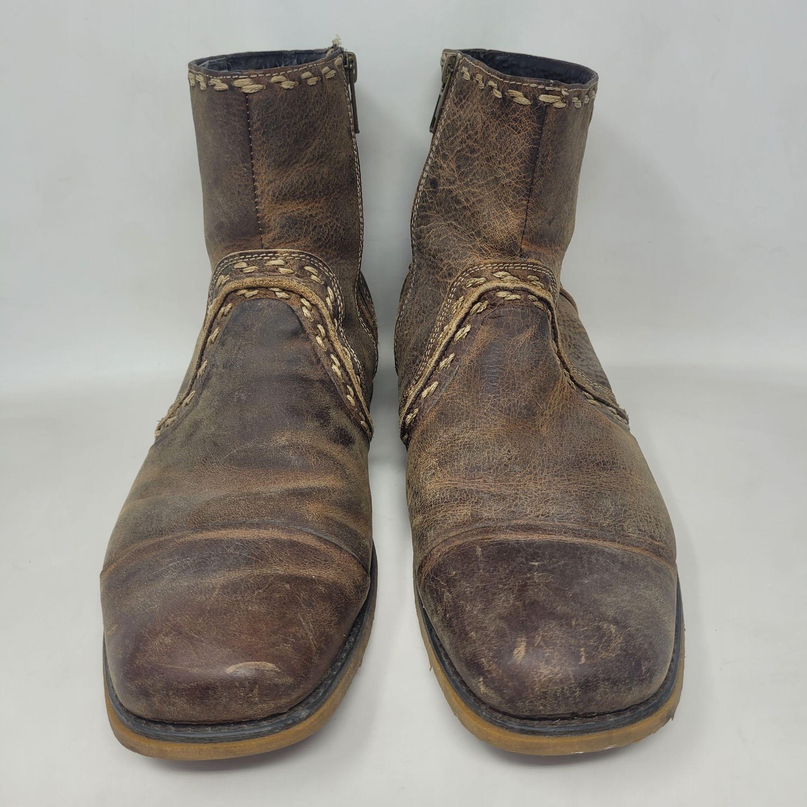 Bed Stu Boots 9 Brown Leather Revolution Ankle Zip Square Toe Distressed Rugged
