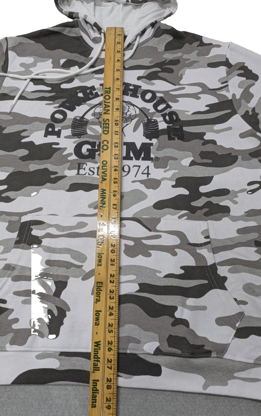 Powerhouse Gym Est 1974 Gray Camo Pullover Hoodie Sweatshirt XL 60/40 Cotton