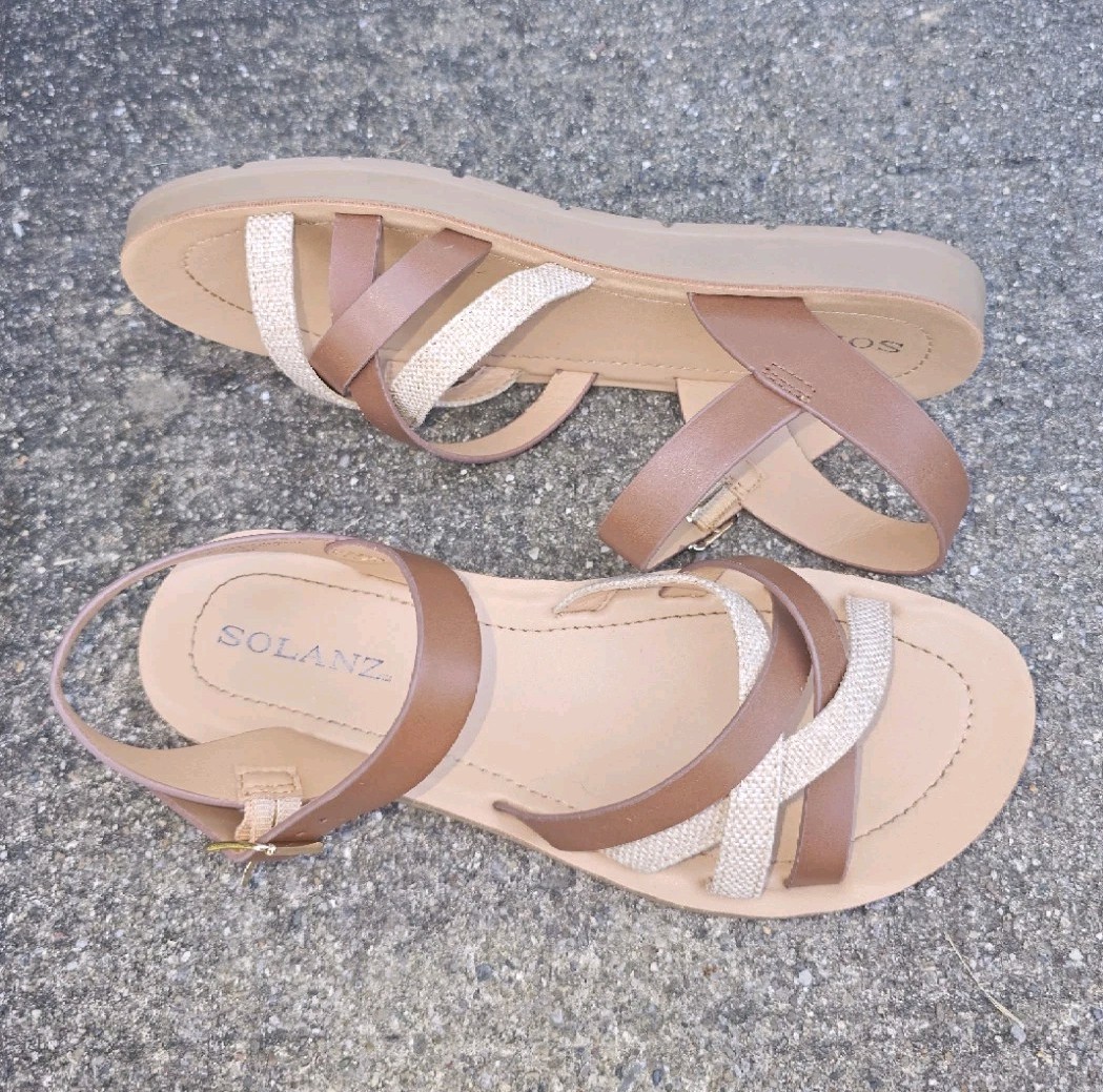 Solanz Brown/Beige Synthetic Strappy Ankle Strap Sandals Women’s 7 M/38