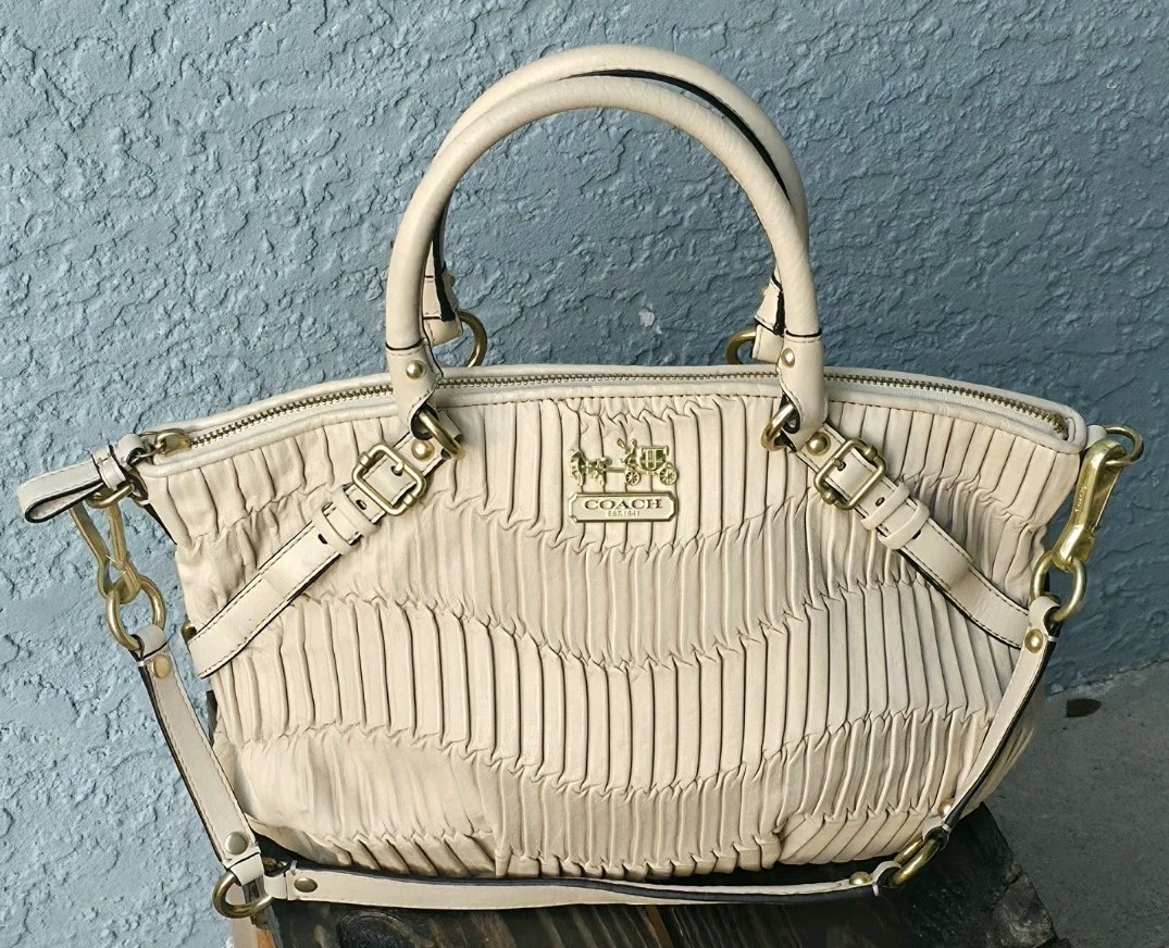 Coach Madison Sophia Gathered Leather Shoulder Bag Satchel Cream Parchment Beige