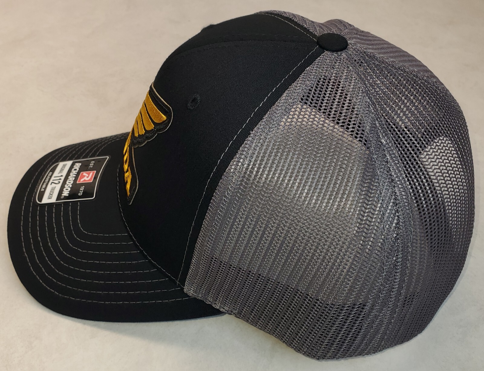 Honda Wing Logo Patch on Richardson 112 Trucker Hat Snapback Black/Charcoal