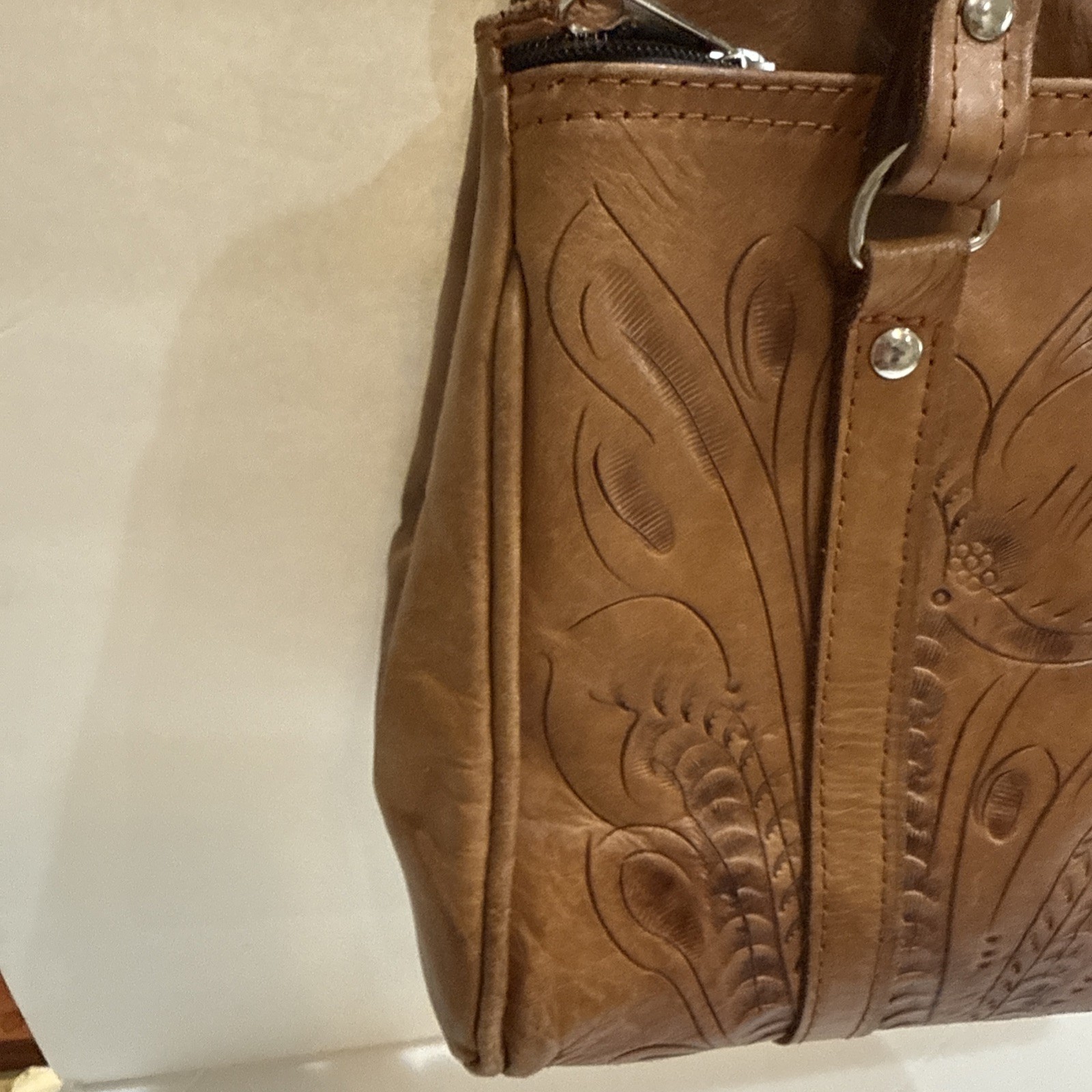 Grants Natural Tooled Leather Western Purse Satchel Made In Paraguay