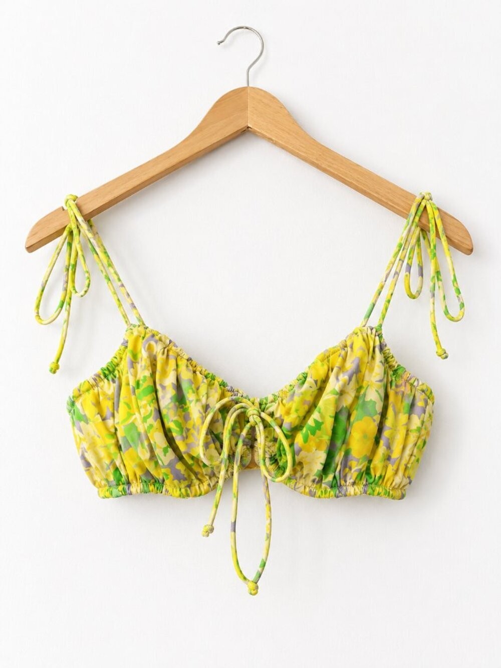For Love & Lemons Yellow Floral Ruched Tie Front Crop Top XS