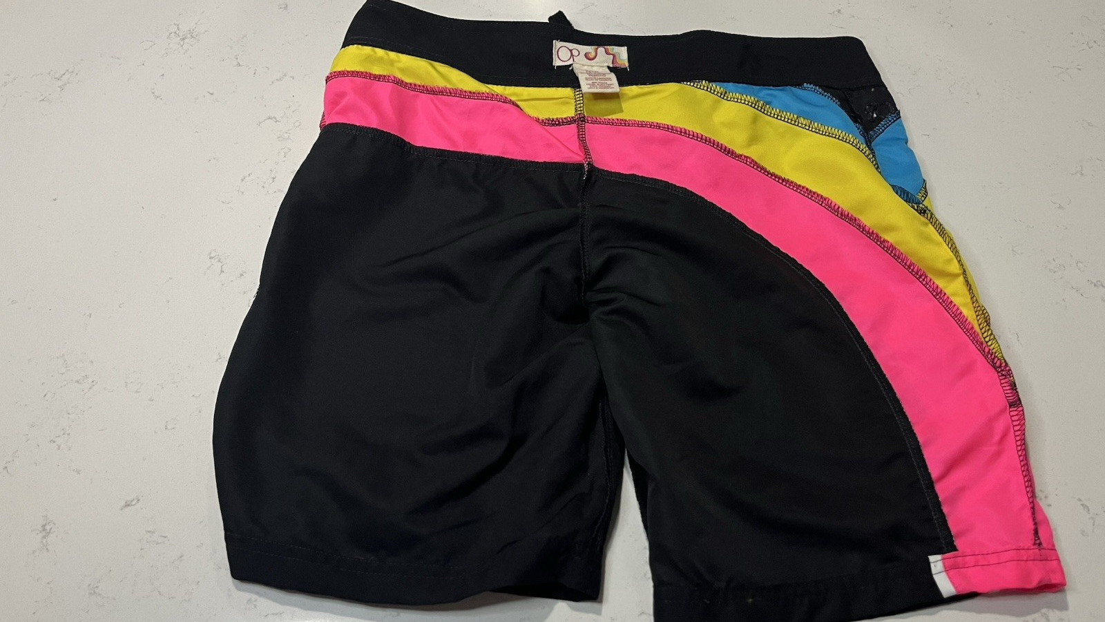 Vintage Ocean Pacific 90’s Board Shorts Black/Pink/Yellow/Blue -SIze S/Ch 3-5