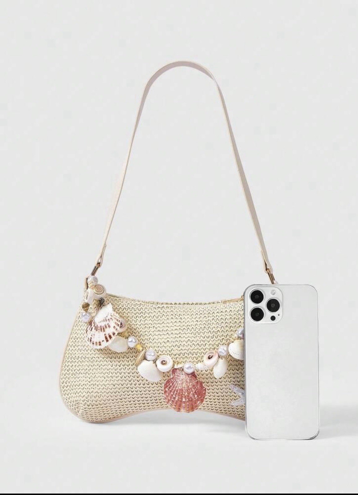 Woven Straw Inspired Crescent Shoulder Bag with Shell Pearl Starfish Accents