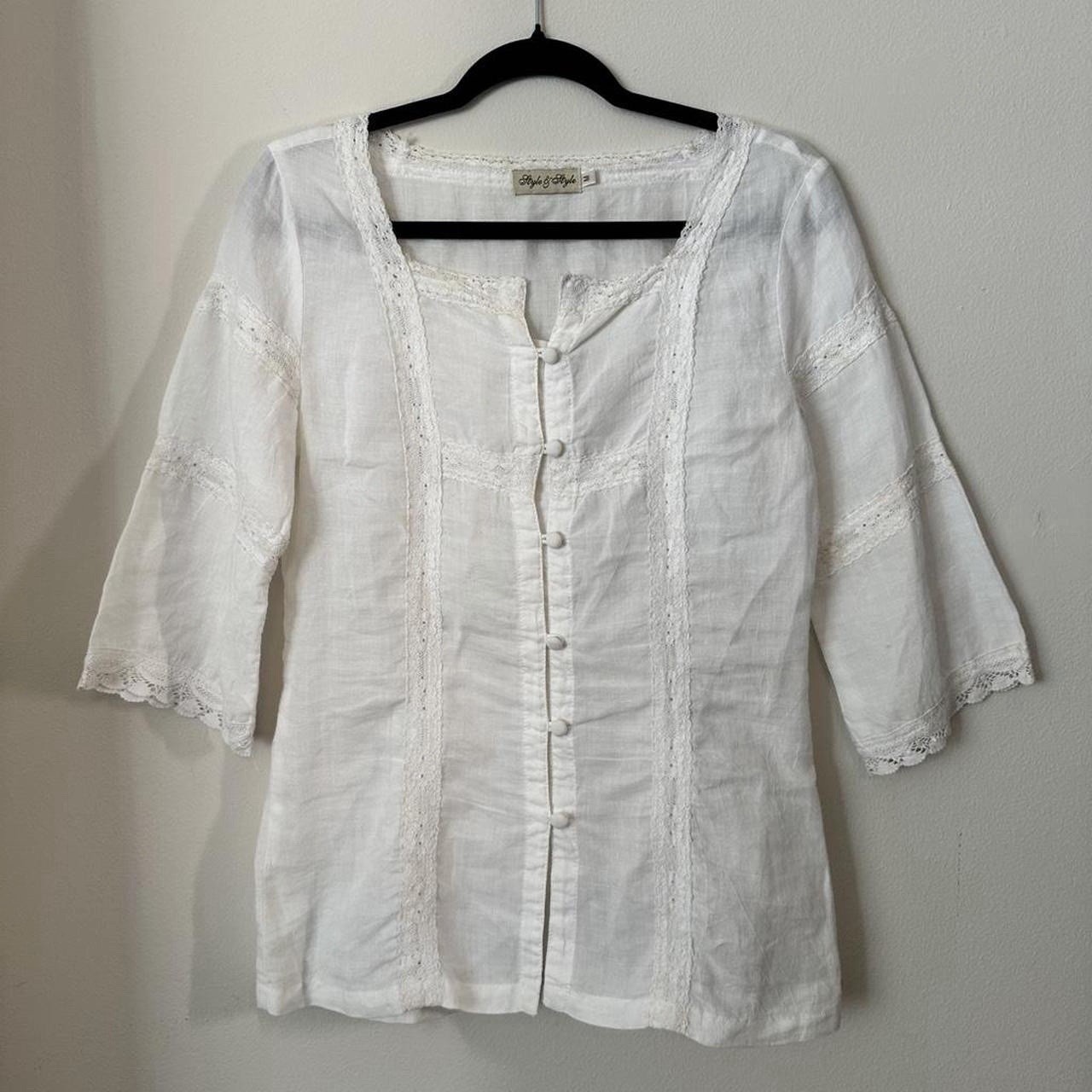 Vintage Cottagecore White Linen Blouse Sezane style M