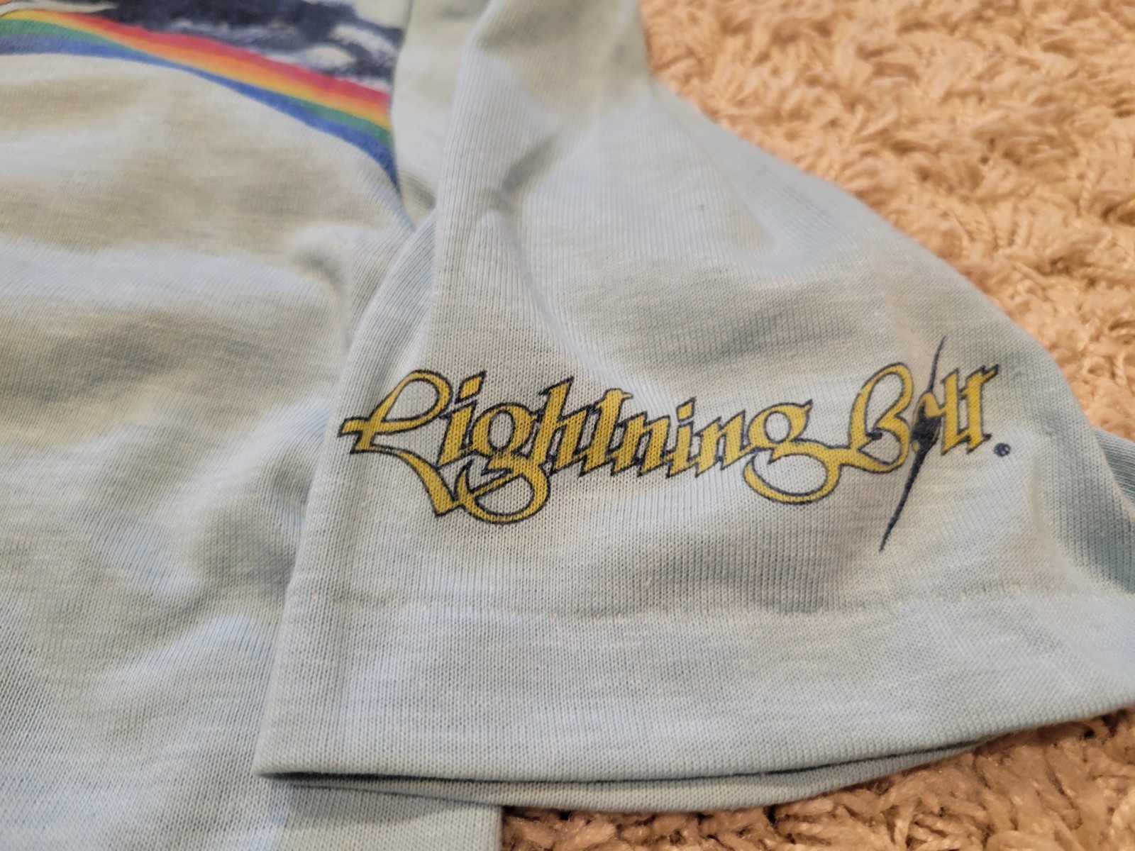 VTG 70s Lightning Bolt Polo Shirt Surfer Waves Wood Button Blue Surf Sz Xs*