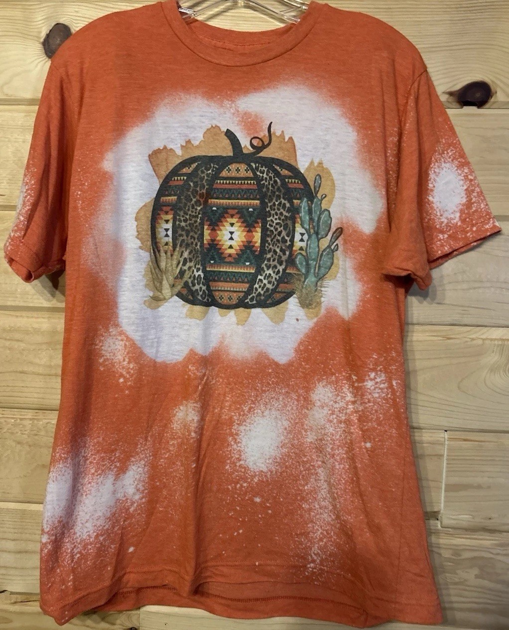 Tultex Pumpkin Graphic Tee Large Orange Bleached Aztec Western Halloween