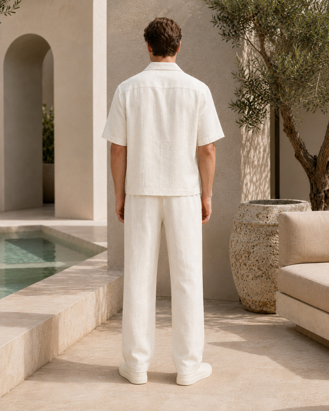 Mens Ivory Linen Short Sleeve Shirt Pants Beach Resort Wedding 2pc Set