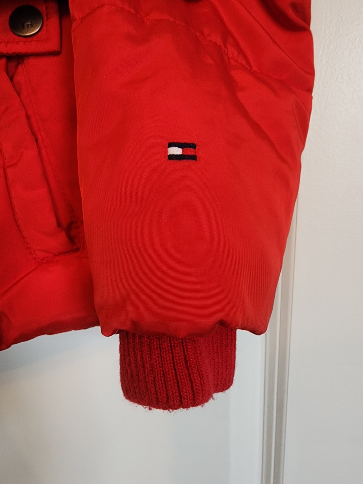 Tommy Hilfiger Red Puffer Jacket Women XS Pockets Snap & Zip Up