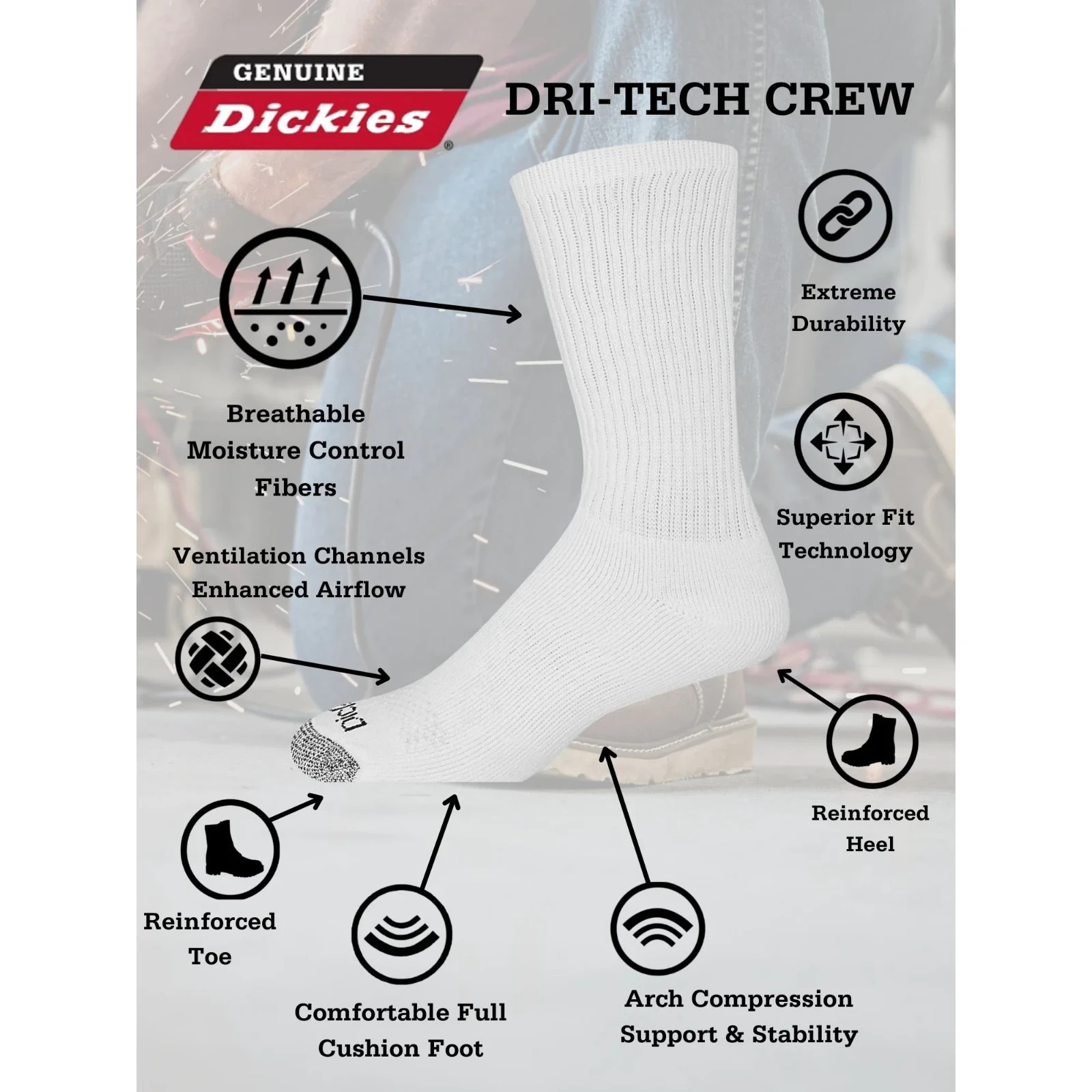 Dickies Genuine 5-Pair Work Men’s Socks, Size 6-12- White/Grey