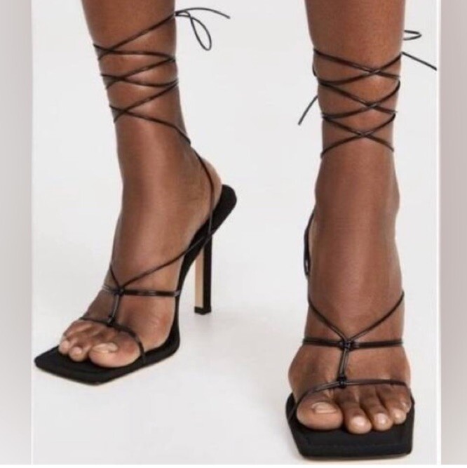 Good American Caged Neoprene Lace Up Sandals Square Sexy Square Heel Black 10