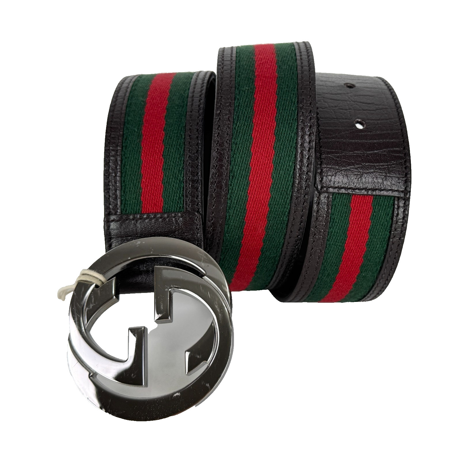 Gucci Auth Web Belt 80 cm 32 in Silver GG Red Green Fabric Brown Leather Runway