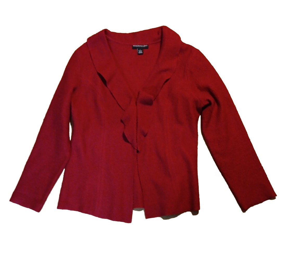 Monterey Bay Women L Sweater Clasp Front Red Ruffle 100% Boiled Wool Long Sleeve