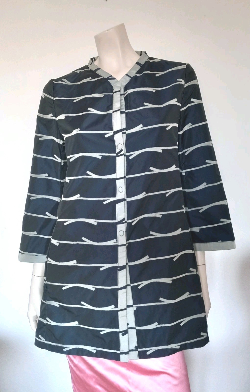 RIANI Coat Kimono Style Blue Grey Graphic Print 3/4 Sleeves Collared 36/38