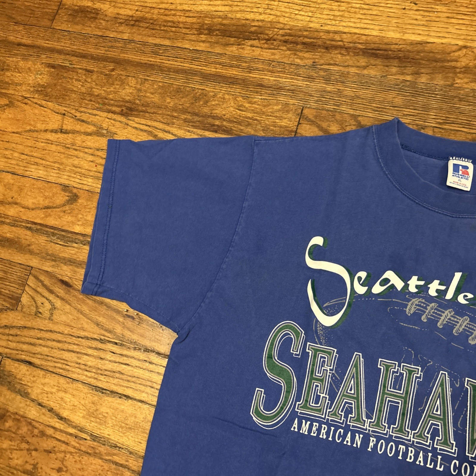 Vintage 90s Russell Athletic Blue Seattle Seahawks T Shirt Size XL USA