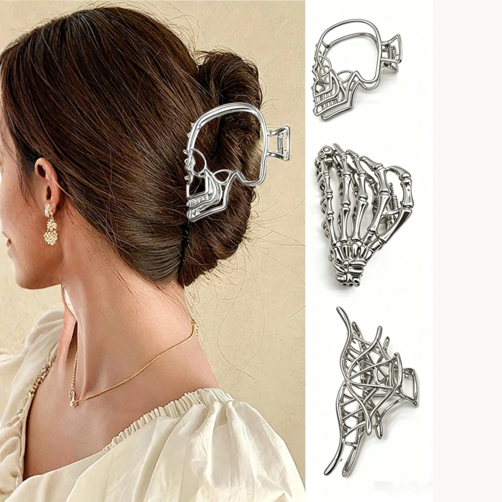 3pcs Metal Gothic Hair Clips Skeleton Hand Skull Spider Halloween Claw Clips US