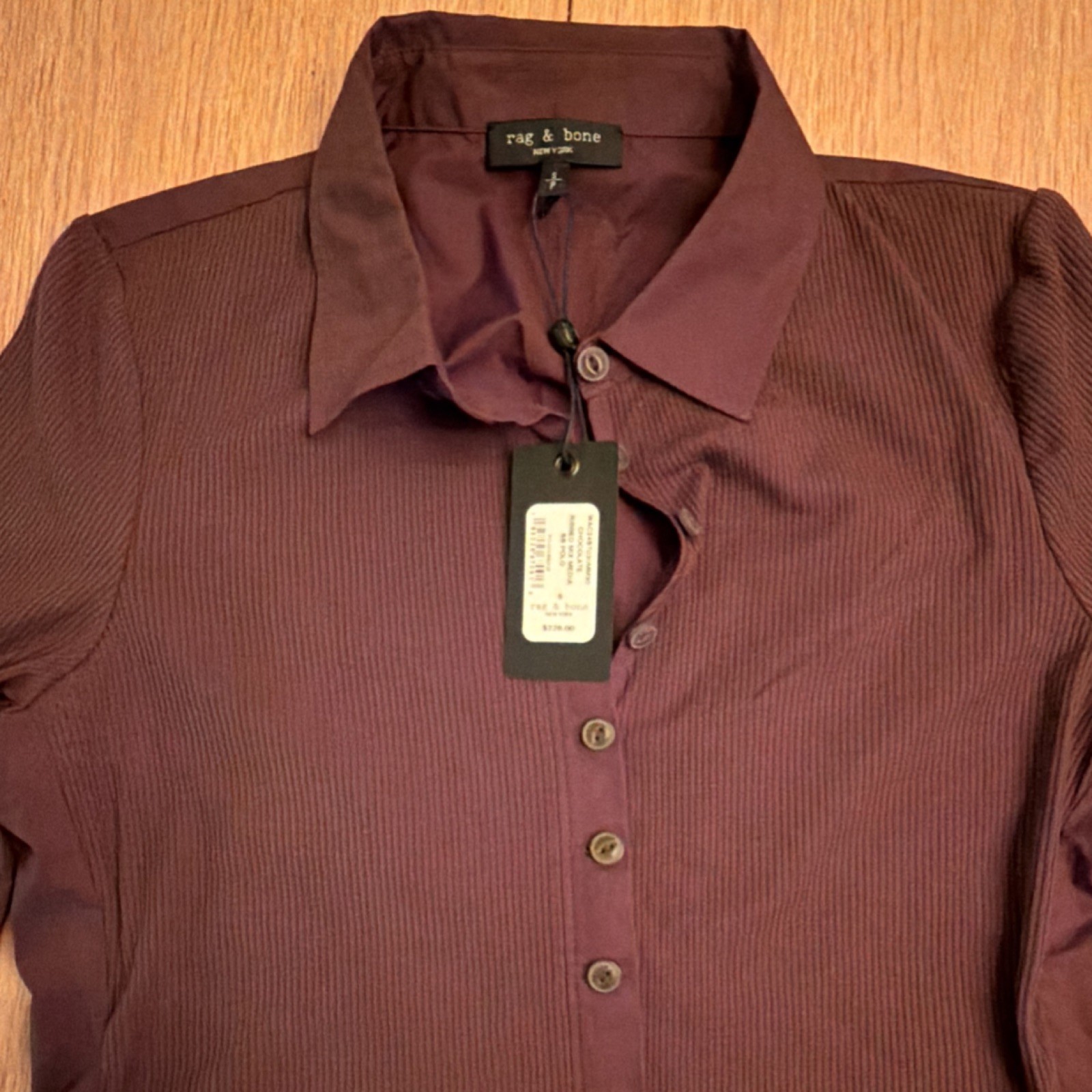 rag & bone women’s brown Ribbed Short Sleeve Spread Collar Polo Shirt Size S