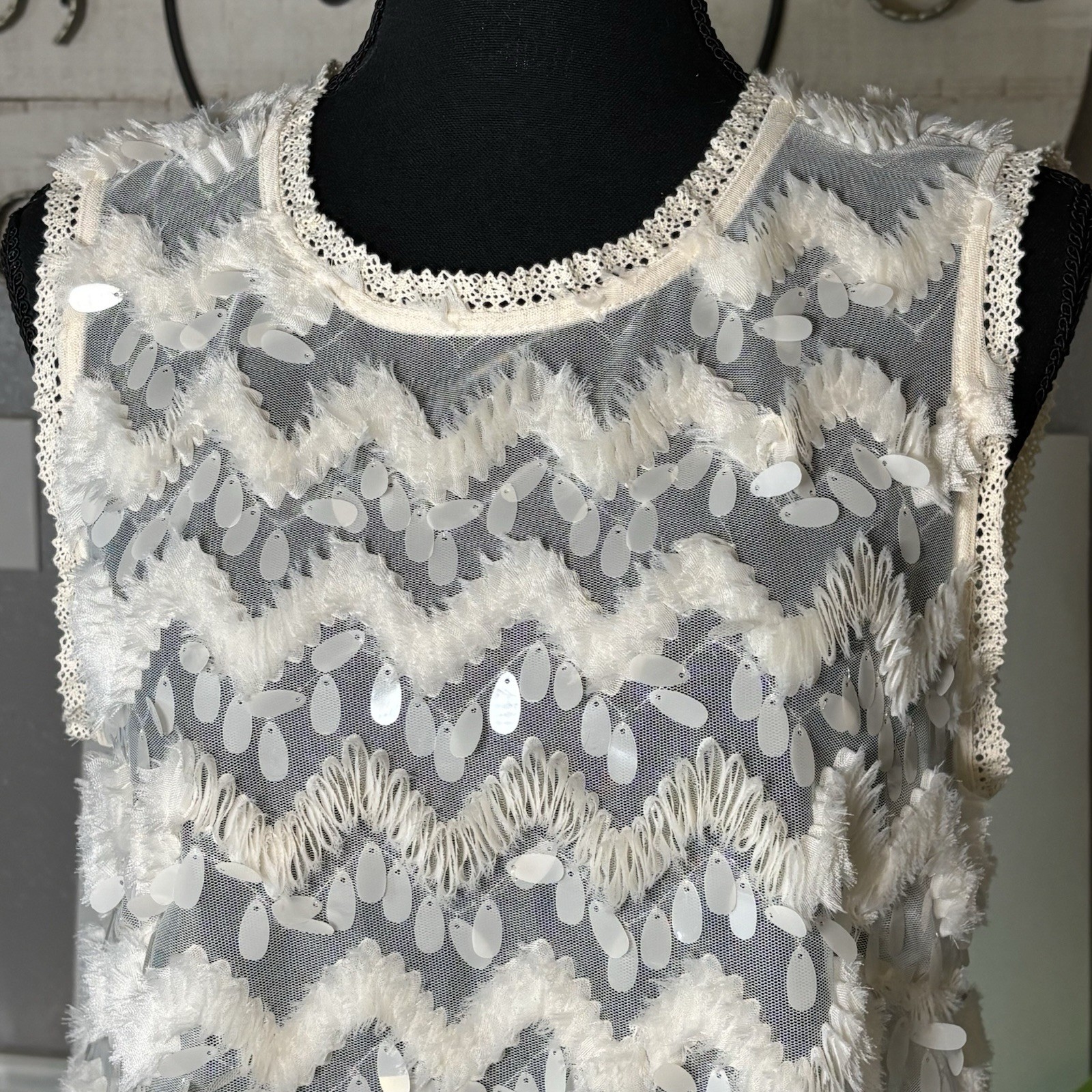 Anthropologie BLUE TASSEL Ivory Semi Sheer Top Sleeveless Embellished Women’s S