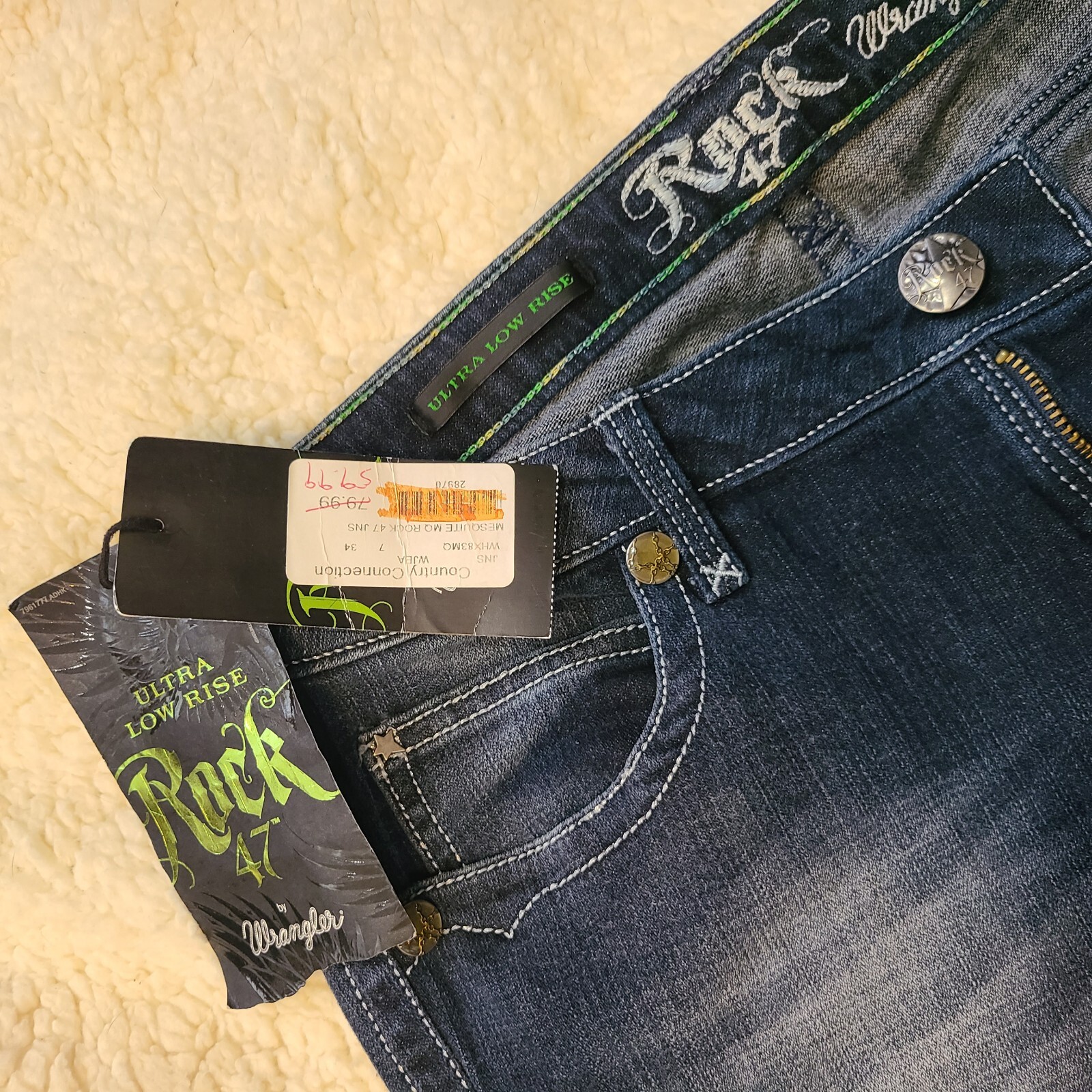 WRANGLER ROCK 47 JEANS Embellished Pockets Ultra-Low-Rise 7 x 34 WHX83MQ